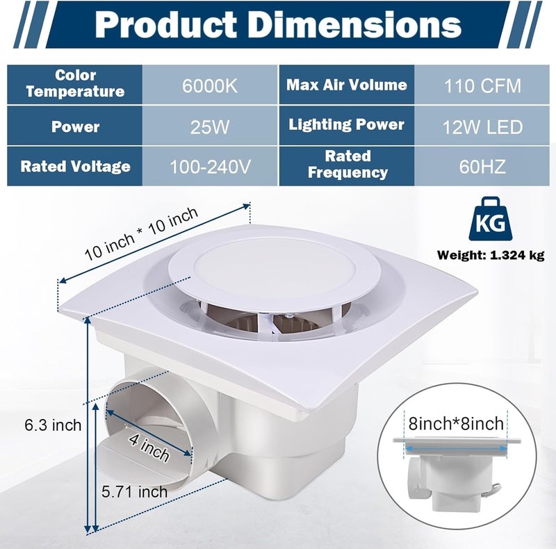 FEITON Bathroom Fan with Light Exhaust Fan Ceiling Mount Vent Fan Light Combo, 30W, 110V, 110 CFM 1.0 Sones, Square Quiet Ventilation Fan with LED Light - Image 4